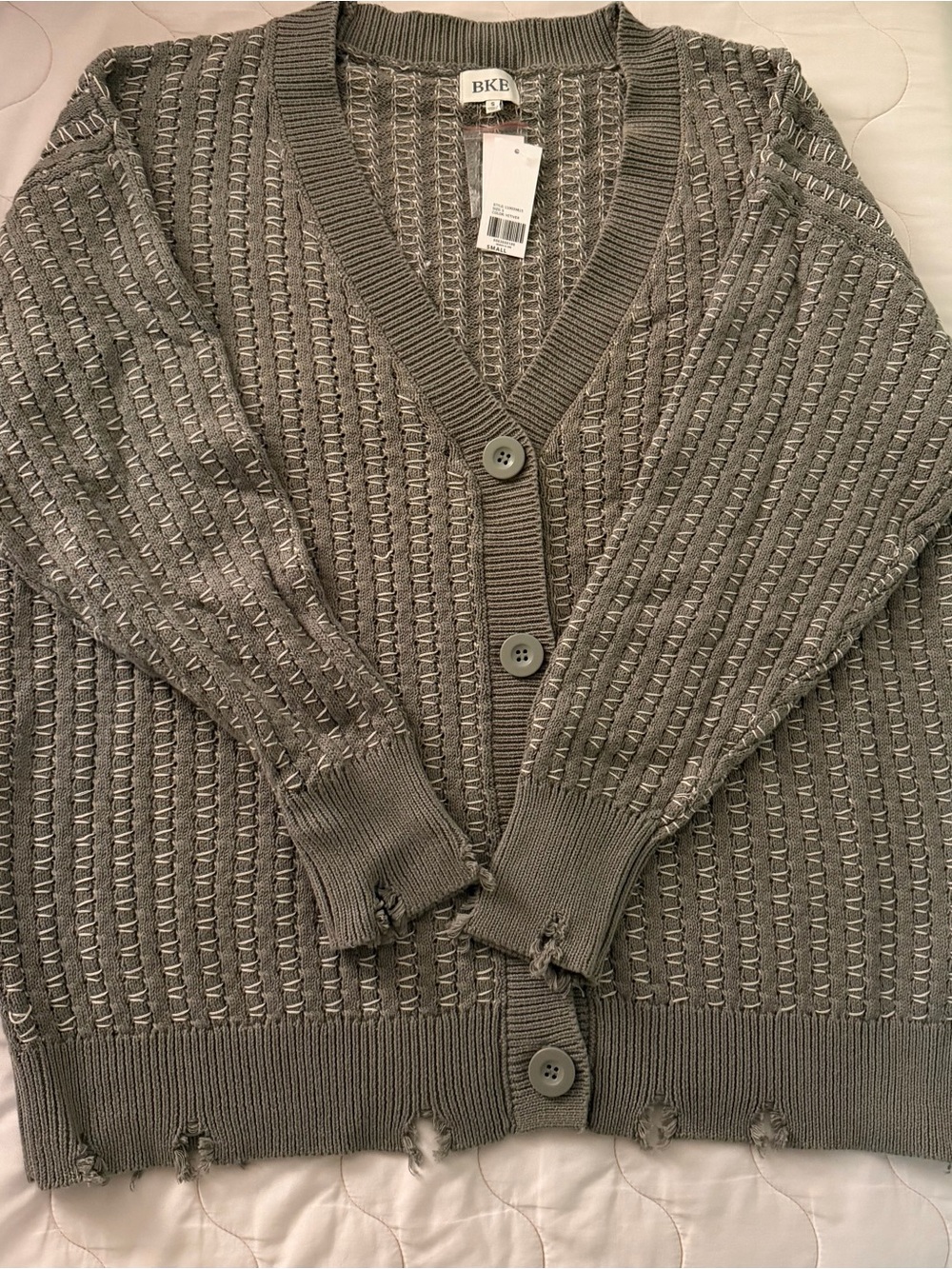 BKE Vetiver Open-Knit V-Neck Cardigan - Olive Grey